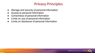 Privacy Principles
● Storage and security of personal information
● Access to personal information
● Correctness of personal information
● Limits on use of personal information
● Limits on disclosure of personal information
 