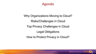 Agenda
Why Organizations Moving to Cloud?
Risks/Challenges in Cloud
Top Privacy Challenges in Cloud
Legal Obligations
How to Protect Privacy in Cloud?
 