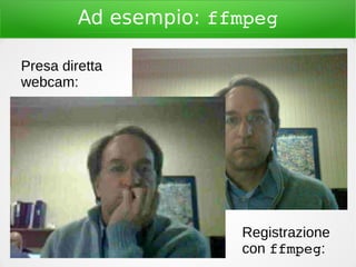 Ad esempio: ffmpeg
Presa diretta
webcam:
Registrazione
con ffmpeg:
 