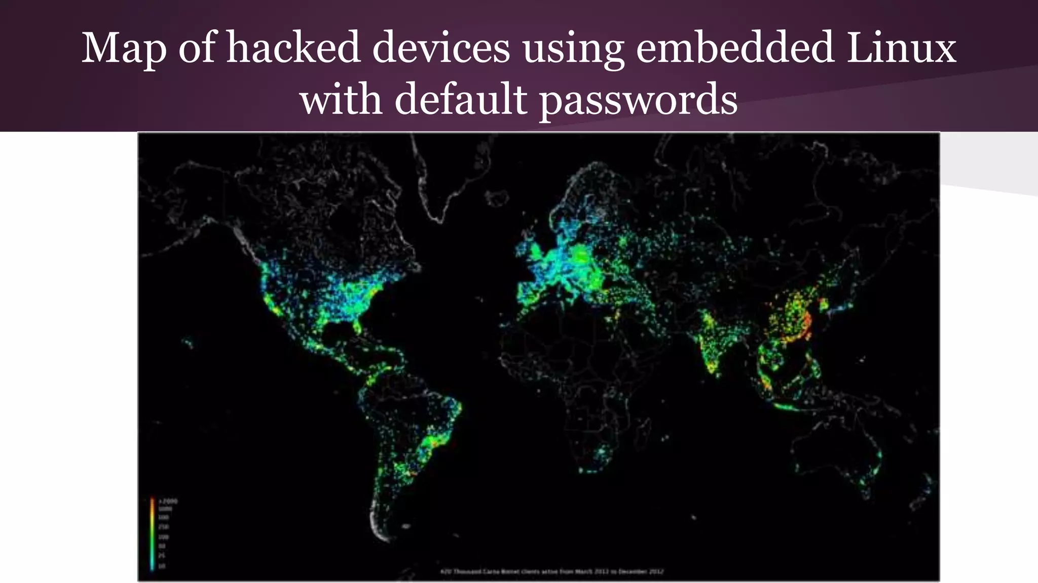 Map of hacked devices using embedded Linux
with default passwords
 