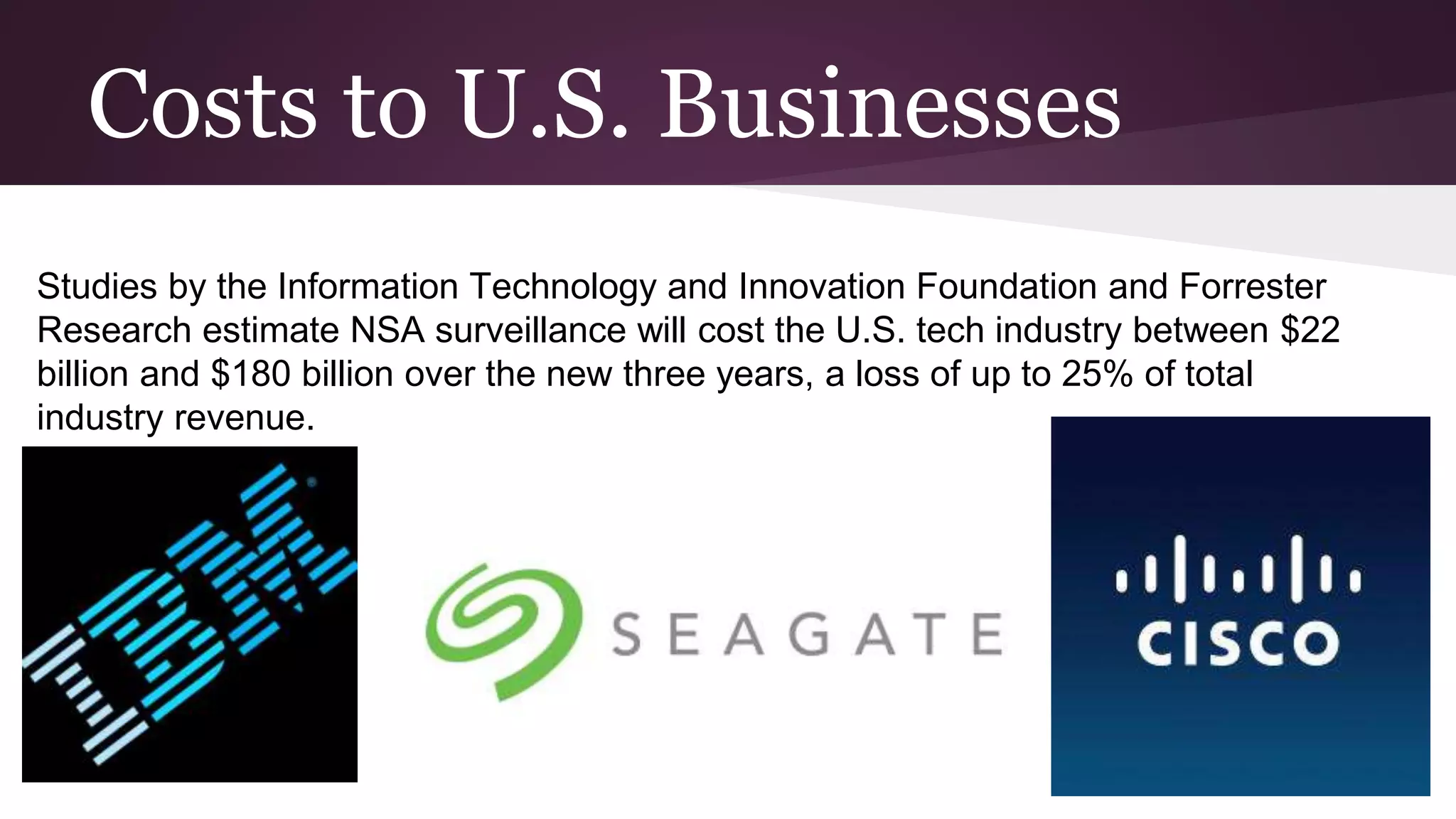 Costs to U.S. Businesses
Studies by the Information Technology and Innovation Foundation and Forrester
Research estimate NSA surveillance will cost the U.S. tech industry between $22
billion and $180 billion over the new three years, a loss of up to 25% of total
industry revenue.
 