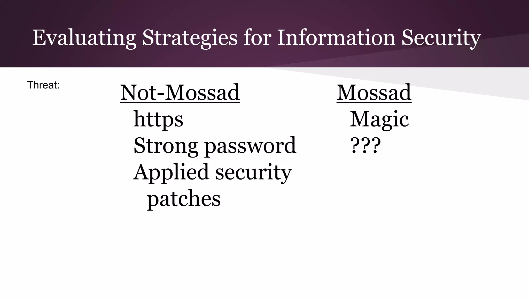 Evaluating Strategies for Information Security
Mossad
Magic
???
Not-Mossad
https
Strong password
Applied security
patches
Threat:
 