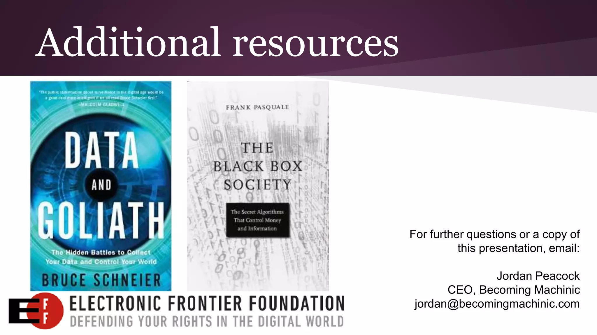 Additional resources
For further questions or a copy of
this presentation, email:
Jordan Peacock
CEO, Becoming Machinic
jordan@becomingmachinic.com
 