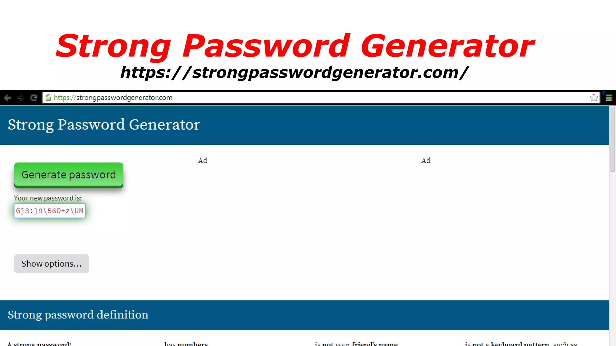 Strong Password Generator
https://strongpasswordgenerator.com/
 