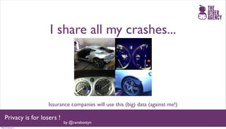 I share all my crashes...




                       Issurance companies will use this (big) data (against me!)

     Privacy is for losers !
                               by @ransbottyn
Friday 25 January 13
 