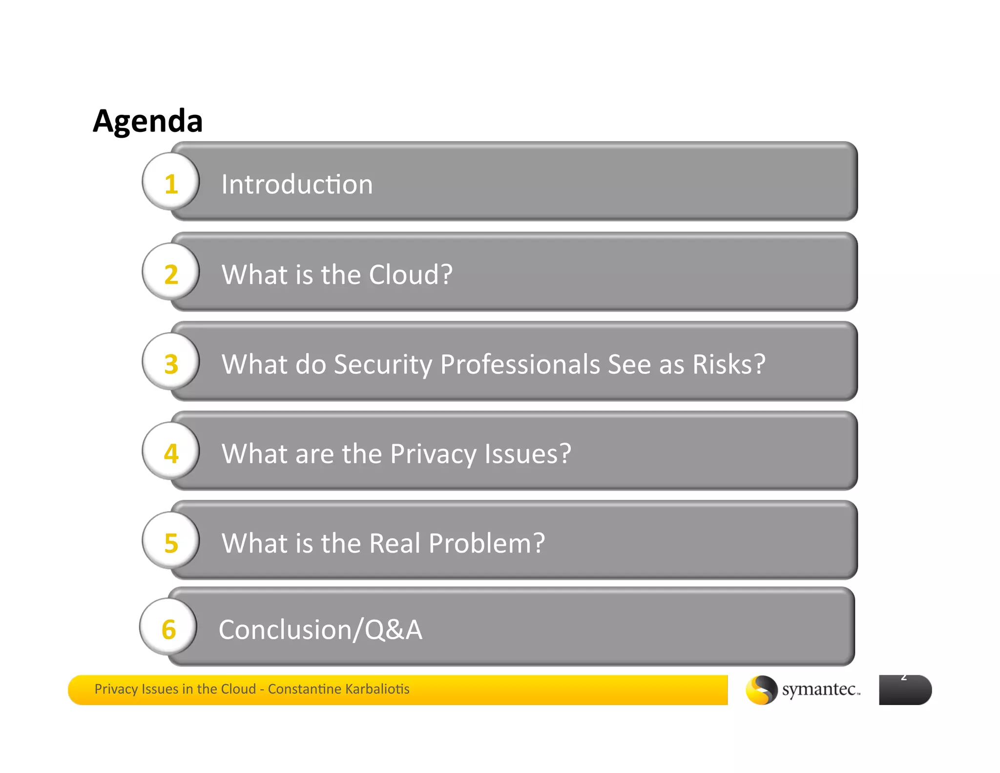 Agenda 
           1        Introduc*on 

           2        What is the Cloud? 

           3        What do Security Professionals See as Risks? 

           4        What are the Privacy Issues? 

           5        What is the Real Problem? 

          6         Conclusion/Q&A 
                                                                    2 
Privacy Issues in the Cloud ‐ Constan*ne Karbalio*s 
 