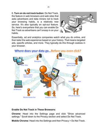 25
6. Turn on do not track button: Do Not Track,
the feature in web browsers and web sites that
asks advertisers and data miners not to track
your browsing habits, is a relatively new
service. It's also typically an opt-out feature.
So, here's everywhere that you can enable Do
Not Track so advertisers can't snoop in on your
habits.
Essentially, ad and analytics companies watch what you do online, and
then tailor the web experience based on your history. That means targeted
ads, specific articles, and more. They typically do this through cookies in
your browser.
Enable Do Not Track in These Browsers:
Chrome: Head into the Settings page and click "Show advanced
settings." Scroll down to the Privacy section and select Do Not Track.
Mobile Chrome: Head into the Settings and then Privacy > Do Not Track.
 