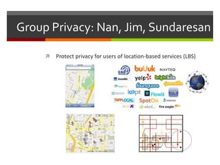 Group Privacy: Nan, Jim, Sundaresan

        Protect privacy for users of location-based services (LBS)
 