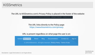 KISSmetrics
The URL to KISSmetrics.com’s Privacy Policy is placed in the footer of the website:
The URL links directly to ...