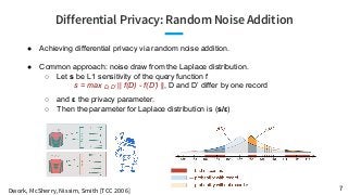 Differential Privacy: Random Noise Addition
7
● Achieving differential privacy via random noise addition.
● Common approac...