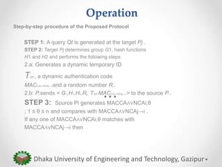 Operation
Dhaka University of Engineering and Technology, Gazipur
Step-by-step procedure of the Proposed Protocol
STEP 1: A query Qt is generated at the target Pj .
STEP 2: Target Pj determines group G1, hash functions
H1 and H2 and performs the following steps:
2.a: Generates a dynamic temporary ID
TIDP , a dynamic authentication code
MACCA∧∨NCAj→i and a random number Rj .
2.b: Pj sends < G1,H1,H2,Rj, TIDP MACCA∧∨NCAj→i > to the source Pi .
STEP 3: Source Pi generates MACCA∧∨NCAi,θ
; 1 ≤ θ ≤ n and compares with MACCA∧∨NCAj→i .
If any one of MACCA∧∨NCAi,θ matches with
MACCA∧∨NCAj→i then
 