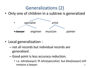 Generalizations (2)
• Only one of children in a subtree is generalized
• specialist artist
• lawyer engineer musician painter
• Local generalization :
– not all records but individual records are
generalized .
– Good point is less accuracy reduction.
• i.e. John(lawyer)  John(specialist) but Alex(lawyer) still
remains a lawyer. 42
 