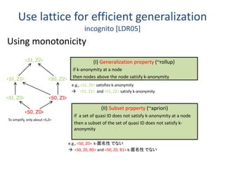 Use lattice for efficient generalization
incognito [LDR05]
Using monotonicity
<S0, Z0>
<S1, Z0> <S0, Z1>
<S1, Z1>
<S1, Z2>
<S0, Z2>
(I) Generalization property (~rollup)
if k-anonymity at a node
then nodes above the node satisfy k-anonymity
(II) Subset prpperty (~apriori)
if a set of quasi ID does not satisfy k-anonymity at a node
then a subset of the set of quasi ID does not satisfy k-
anonymity
e.g., <S1, Z0> satisfies k-anonymity
 <S1, Z1> and <S1, Z2> satisfy k-anonymity
e.g., <S0, Z0> k-匿名性 でない
 <S0, Z0, B0> and <S0, Z0, B1> k-匿名性 でない
To simplify, only about <S,Z>
 