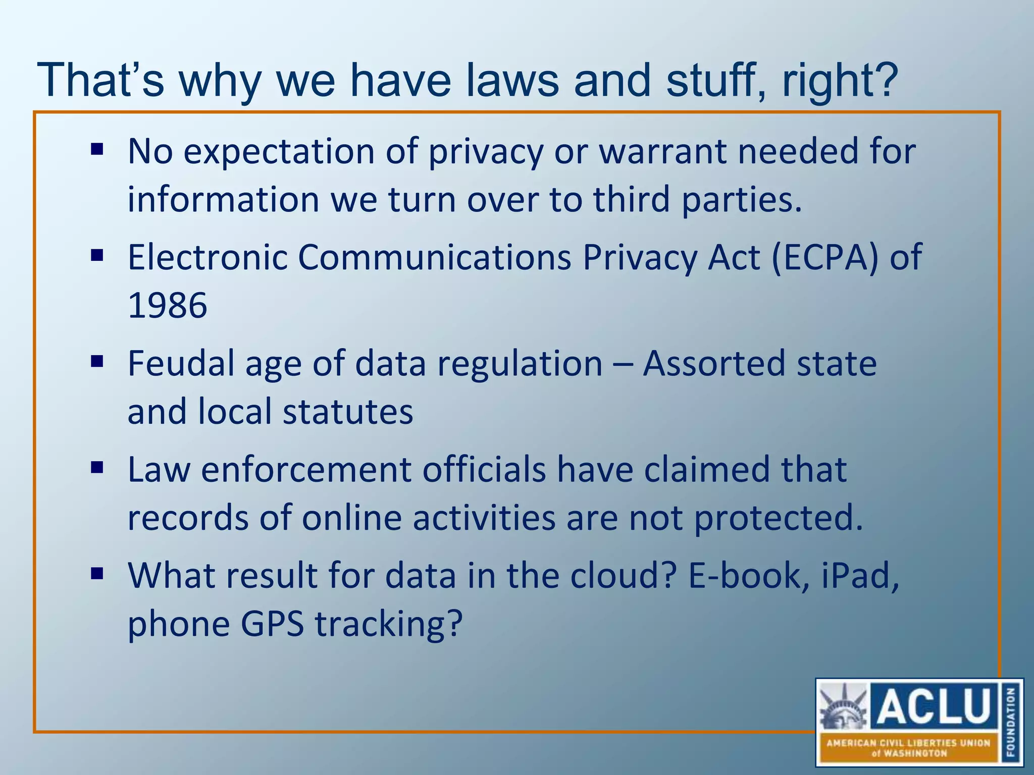 The Ethic of PrivacyDon’t Steal InformationProtect InformationContext Matters (threat model (g-chat v. Obama’s Blackberry, culture, etc.)Give CreditBe Transparent about use of informationGive AccessDon’t Use Information Against the IndividualWhere information is collected, a return value must be provided. (free services for data – google, facebook, OKCupid). 