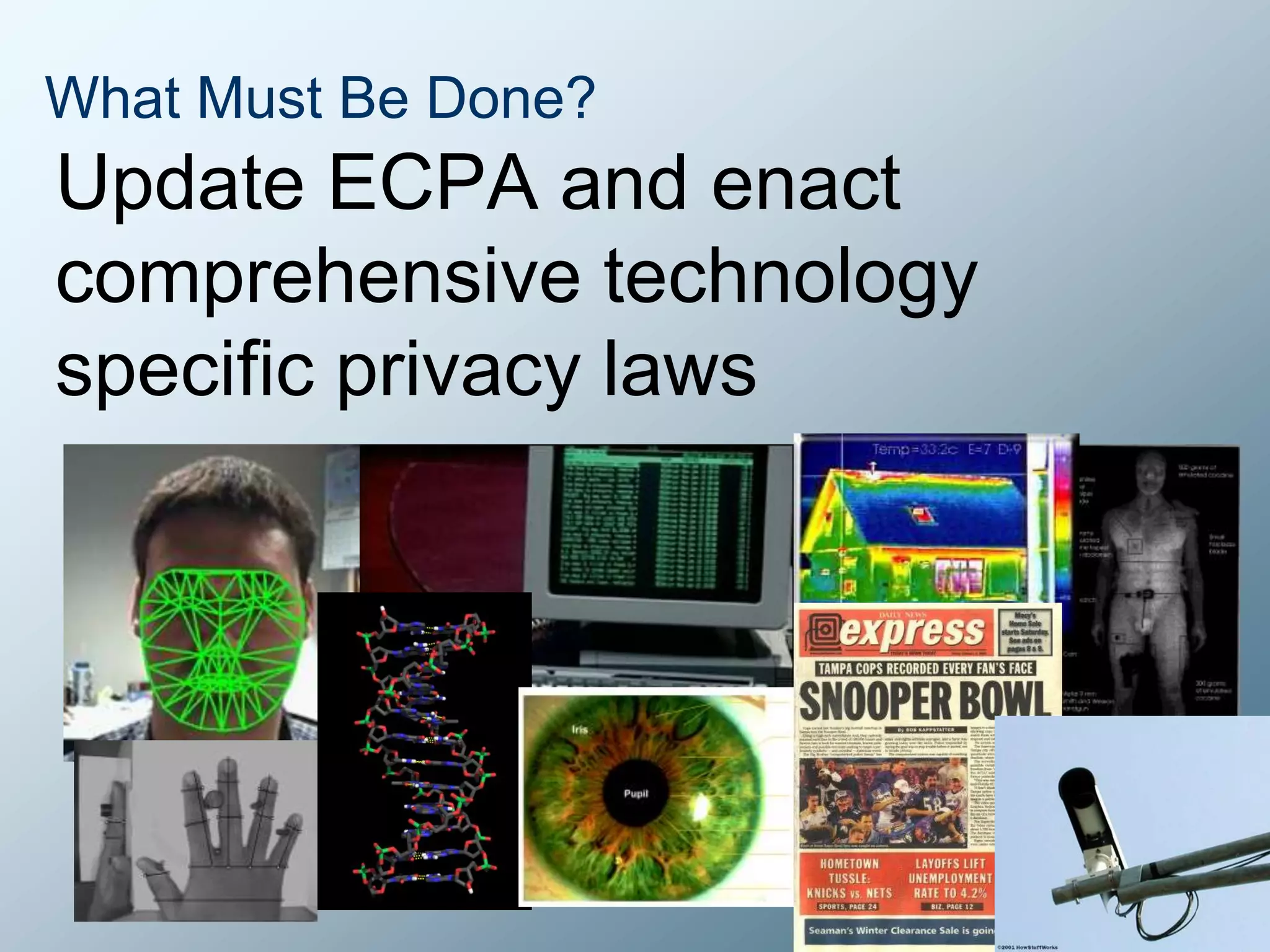 That’s why we have laws and stuff, right?No expectation of privacy or warrant needed for information we turn over to third parties. Electronic Communications Privacy Act (ECPA) of 1986Feudal age of data regulation – Assorted state and local statutesLaw enforcement officials have claimed that records of online activities are not protected.What result for data in the cloud? E-book, iPad, phone GPS tracking?