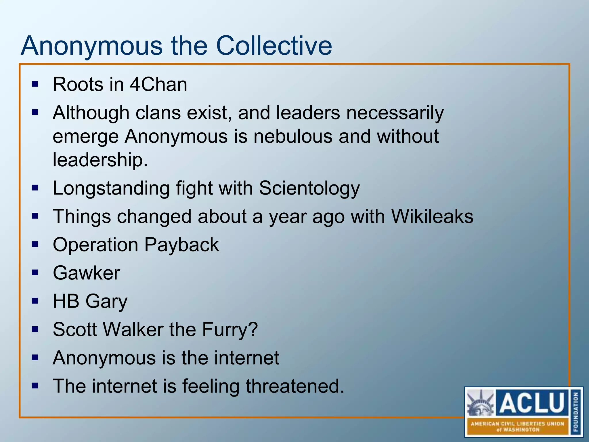 Anonymous in the Middle EastAfter Egypt and other regimes shut down the internet, a volunteer militia of volunteer hackers and other interested parties set to work restoring communications and attacking the government Anon_Ops – developed makeshift comms 1-pagerFaxbombedwikileaks Egypt docs to Egypt.LOIC lasers pointed at Government TargetsOthersVoice to tweet invented and deployedAd Hoc networks and other support