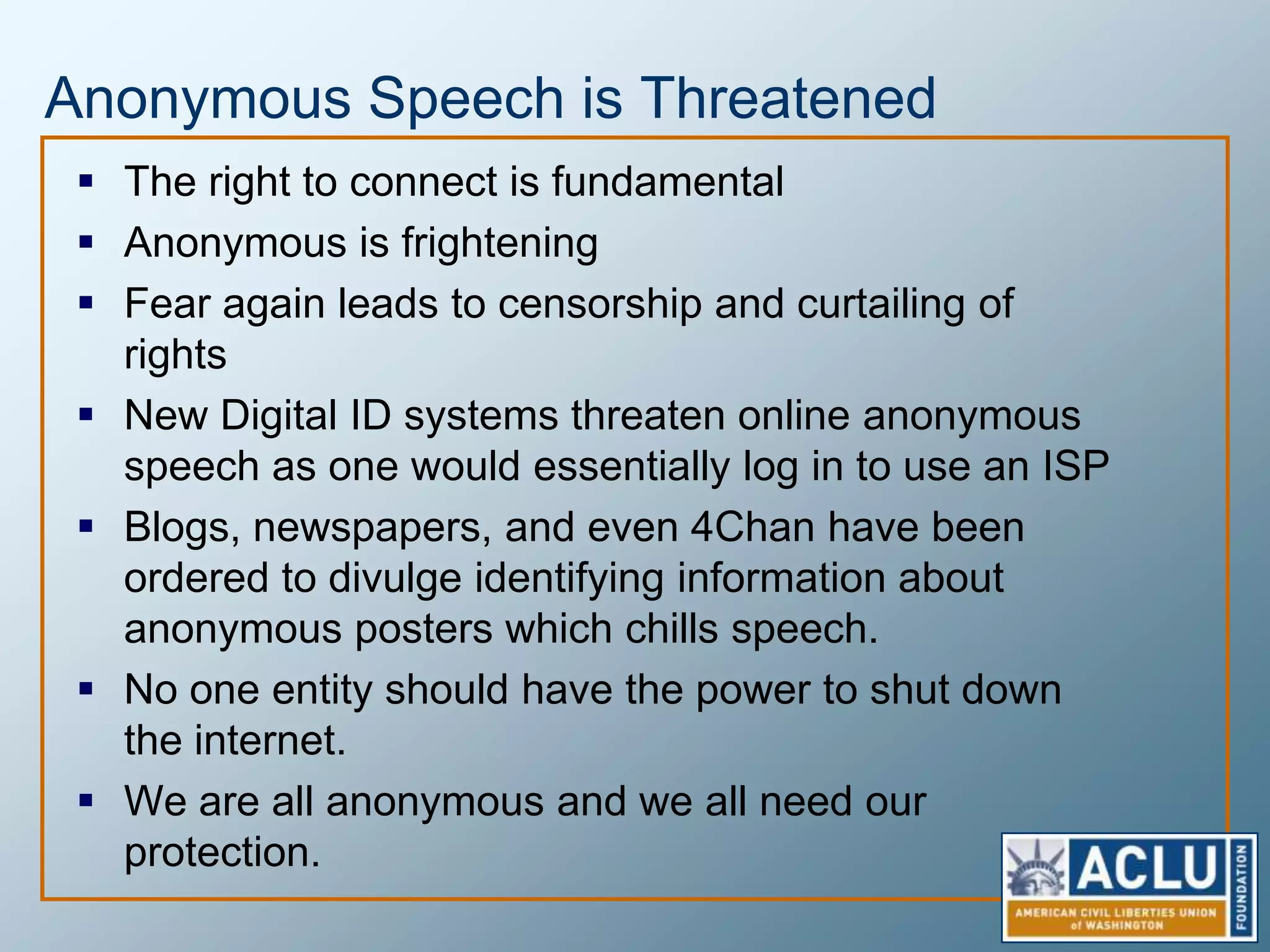 Anonymous the Collective Roots in 4ChanAlthough clans exist, and leaders necessarily emerge Anonymous is nebulous and without leadership.Longstanding fight with ScientologyThings changed about a year ago with WikileaksOperation PaybackGawkerHB GaryScott Walker the Furry?Anonymous is the internetThe internet is feeling threatened.