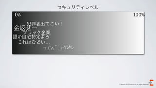セキュリティレベル
0%                                             100%

     犯罪者出てこい！
金返せー
  ブラック企業
誰か自宅特定よろ
 これはひどい…
       ┐(´д｀)┌ﾔﾚﾔﾚ




                         Copyright 2012 Evoluzio Inc. All Rights Reserved.
 