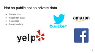 Not so public not so private data
● Twitter data
● Facebook data
● Yelp data
● Amazon data
5
 