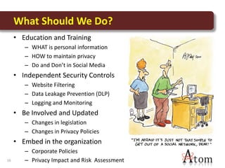 What Should We Do?
     • Education and Training
        – WHAT is personal information
        – HOW to maintain privacy
        – Do and Don’t in Social Media
     • Independent Security Controls
        – Website Filtering
        – Data Leakage Prevention (DLP)
        – Logging and Monitoring
     • Be Involved and Updated
        – Changes in legislation
        – Changes in Privacy Policies
     • Embed in the organization
        – Corporate Policies
16      – Privacy Impact and Risk Assessment
 