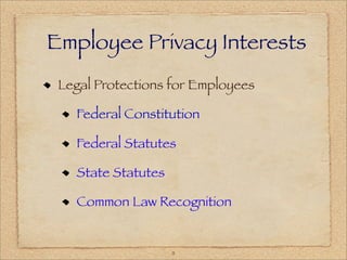 Employee Privacy Interests
 Legal Protections for Employees

   Federal Constitution

   Federal Statutes

   State Statutes

   Common Law Recognition


                    11
 