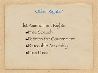 Other Rights?


lst Amendment Rights:
  Free Speech
  Petition the Government
  Peaceable Assembly
  Free Press



            12
 