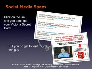 Social Media Spam

Click on the link
and you don’t get
your Victoria Secret
Card




   But you do get to visit
   this guy



     Source: Social Media: Manage the Security to Manage Your Experience;
                 Ross C. Hughes, U.S. Department of Education
 