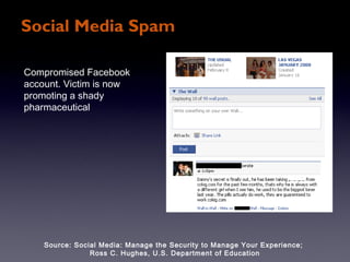 Social Media Spam

Compromised Facebook
account. Victim is now
promoting a shady
pharmaceutical




    Source: Social Media: Manage the Security to Manage Your Experience;
                Ross C. Hughes, U.S. Department of Education
 