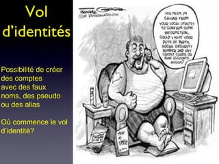 Vol
d’identités

Possibilité de créer
des comptes
avec des faux
noms, des pseudo
ou des alias

Où commence le vol
d’identité?
 