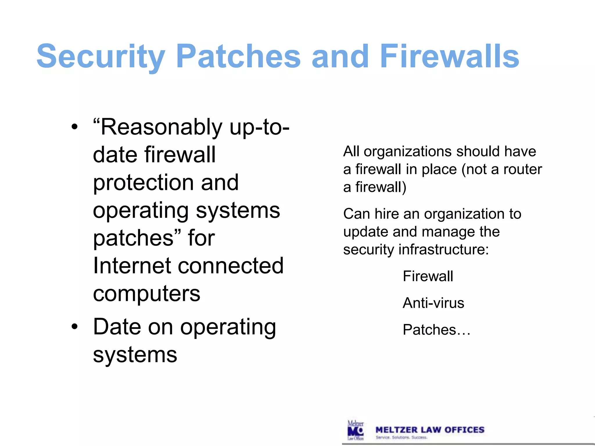 Encryption of Transmitted RecordsEncryption of personal information accessed over a public networkTunneling options (VPN)Faxes, VOIP, phone callsEncryption of PI on wirelessBluetooth, WEP, WifiEncryption definition if very broadExamples:PGP and Utimaco are encryption technologies