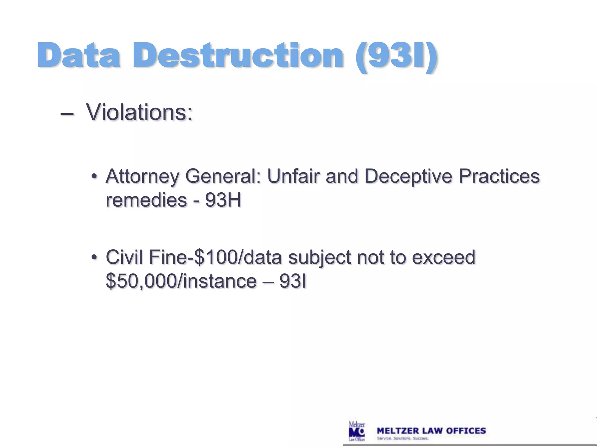 The ApproachInventory type of personal information is being keptAssess riskPlan information security strategyDataSecurity, Confidentially, IntegrityIT infrastructure and information change processesImplement, plan and policiesTechnology deploymentPolicy implementation User awarenessContinual reviewSecurity is all about vigilance…Compliance is knowing what you need to protect and building a fortress around it and testing it on a frequent basis!