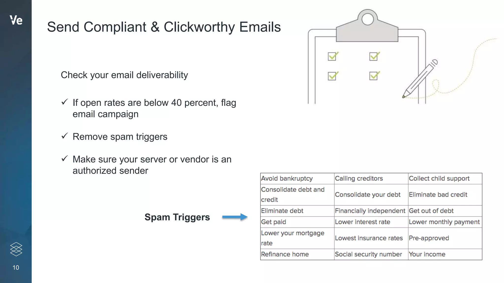 10
Send Compliant & Clickworthy Emails
Check your email deliverability
 If open rates are below 40 percent, flag
email campaign
 Remove spam triggers
 Make sure your server or vendor is an
authorized sender
Spam Triggers
 
