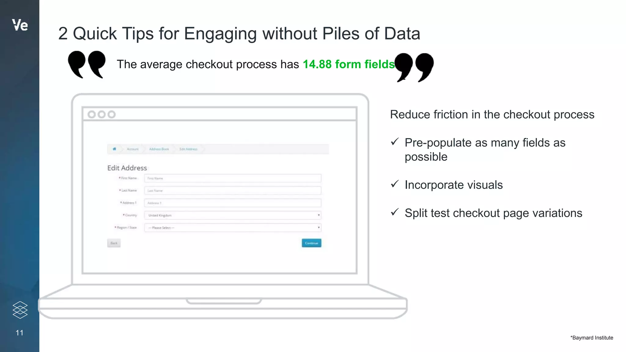 11
2 Quick Tips for Engaging without Piles of Data
Reduce friction in the checkout process
 Pre-populate as many fields as
possible
 Incorporate visuals
 Split test checkout page variations
The average checkout process has 14.88 form fields
-
*Baymard Institute
 