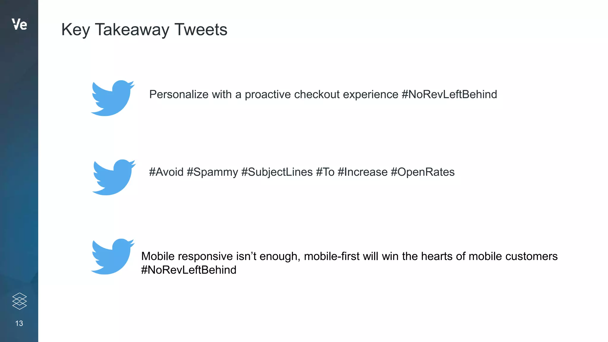 13
Key Takeaway Tweets
Mobile responsive isn’t enough, mobile-first will win the hearts of mobile customers
#NoRevLeftBehind
#Avoid #Spammy #SubjectLines #To #Increase #OpenRates
Personalize with a proactive checkout experience #NoRevLeftBehind
 