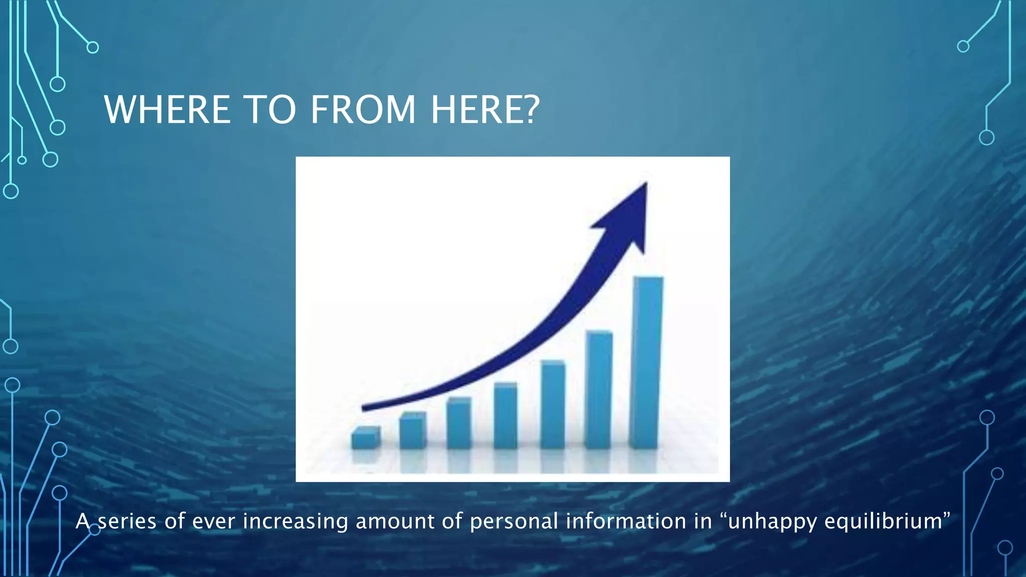 WHERE TO FROM HERE?
A series of ever increasing amount of personal information in “unhappy equilibrium”
 