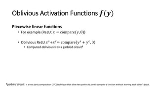 Oblivious Activation Functions 𝒇(𝒚)
Piecewise linear functions
• For example (ReLU: 𝑥 = compare(𝑦, 0))
• Oblivious ReLU 𝑥𝑠+𝑥𝑐= compare 𝑦𝑠 + 𝑦𝑐, 0
• Computed obliviously by a garbled circuit2
2garbled circuit: is a two-party computation (2PC) technique that allow two parties to jointly compute a function without learning each other’s input.
13
 