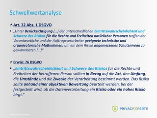 ©2022 Privacy Xperts
Schwellwertanalyse
Art. 32 Abs. 1 DSGVO
 „Unter Berücksichtigung […] der unterschiedlichen Eintrittswahrscheinlichkeit und
Schwere des Risikos für die Rechte und Freiheiten natürlicher Personen treffen der
Verantwortliche und der Auftragsverarbeiter geeignete technische und
organisatorische Maßnahmen, um ein dem Risiko angemessenes Schutzniveau zu
gewährleisten […]“
ErwGr. 76 DSGVO
 „Eintrittswahrscheinlichkeit und Schwere des Risikos für die Rechte und
Freiheiten der betroffenen Person sollten in Bezug auf die Art, den Umfang,
die Umstände und die Zwecke der Verarbeitung bestimmt werden. Das Risiko
sollte anhand einer objektiven Bewertung beurteilt werden, bei der
festgestellt wird, ob die Datenverarbeitung ein Risiko oder ein hohes Risiko
birgt.“
 