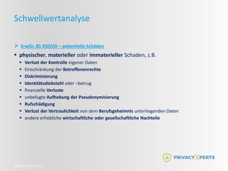  ErwGr. 85 DSGVO – potentielle Schäden
 physischer, materieller oder immaterieller Schaden, z.B.
 Verlust der Kontrolle eigener Daten
 Einschränkung der Betroffenenrechte
 Diskriminierung
 Identitätsdiebstahl oder –betrug
 finanzielle Verluste
 unbefugte Aufhebung der Pseudonymisierung
 Rufschädigung
 Verlust der Vertraulichkeit von dem Berufsgeheimnis unterliegenden Daten
 andere erhebliche wirtschaftliche oder gesellschaftliche Nachteile
©2022 Privacy Xperts
Schwellwertanalyse
 