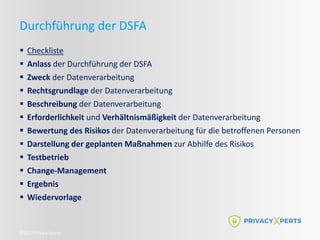 ©2022 Privacy Xperts
Durchführung der DSFA
 Checkliste
 Anlass der Durchführung der DSFA
 Zweck der Datenverarbeitung
 Rechtsgrundlage der Datenverarbeitung
 Beschreibung der Datenverarbeitung
 Erforderlichkeit und Verhältnismäßigkeit der Datenverarbeitung
 Bewertung des Risikos der Datenverarbeitung für die betroffenen Personen
 Darstellung der geplanten Maßnahmen zur Abhilfe des Risikos
 Testbetrieb
 Change-Management
 Ergebnis
 Wiedervorlage
 
