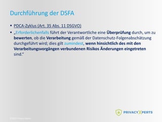 ©2022 Privacy Xperts
Durchführung der DSFA
 PDCA-Zyklus (Art. 35 Abs. 11 DSGVO)
 „Erforderlichenfalls führt der Verantwortliche eine Überprüfung durch, um zu
bewerten, ob die Verarbeitung gemäß der Datenschutz-Folgenabschätzung
durchgeführt wird; dies gilt zumindest, wenn hinsichtlich des mit den
Verarbeitungsvorgängen verbundenen Risikos Änderungen eingetreten
sind.“
 