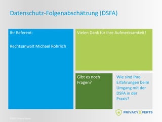 ©2021 Privacy Xperts
Datenschutz-Folgenabschätzung (DSFA)
Ihr Referent:
Rechtsanwalt Michael Rohrlich
Vielen Dank für Ihre Aufmerksamkeit!
Gibt es noch
Fragen?
Wie sind Ihre
Erfahrungen beim
Umgang mit der
DSFA in der
Praxis?
 