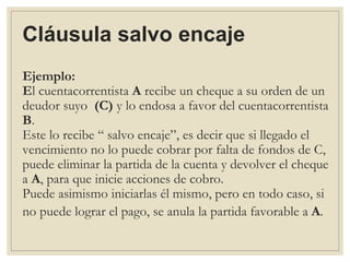 Cláusula salvo encaje
Ejemplo:
El cuentacorrentista A recibe un cheque a su orden de un
deudor suyo (C) y lo endosa a favor del cuentacorrentista
B.
Este lo recibe “ salvo encaje”, es decir que si llegado el
vencimiento no lo puede cobrar por falta de fondos de C,
puede eliminar la partida de la cuenta y devolver el cheque
a A, para que inicie acciones de cobro.
Puede asimismo iniciarlas él mismo, pero en todo caso, si
no puede lograr el pago, se anula la partida favorable a A.
 