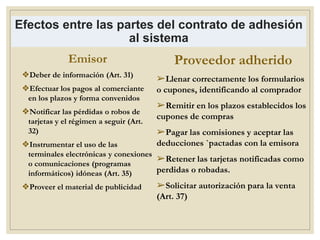 Efectos entre las partes del contrato de adhesión
al sistema
Emisor
❖Deber de información (Art. 31)
❖Efectuar los pagos al comerciante
en los plazos y forma convenidos
❖Notificar las pérdidas o robos de
tarjetas y el régimen a seguir (Art.
32)
❖Instrumentar el uso de las
terminales electrónicas y conexiones
o comunicaciones (programas
informáticos) idóneas (Art. 35)
❖Proveer el material de publicidad
Proveedor adherido
➢Llenar correctamente los formularios
o cupones, identificando al comprador
➢Remitir en los plazos establecidos los
cupones de compras
➢Pagar las comisiones y aceptar las
deducciones `pactadas con la emisora
➢Retener las tarjetas notificadas como
perdidas o robadas.
➢Solicitar autorización para la venta
(Art. 37)
 