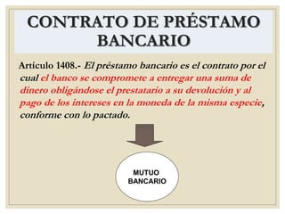 CONTRATO DE PRÉSTAMO
BANCARIO
Artículo 1408.- El préstamo bancario es el contrato por el
cual el banco se compromete a entregar una suma de
dinero obligándose el prestatario a su devolución y al
pago de los intereses en la moneda de la misma especie,
conforme con lo pactado.
MUTUO
BANCARIO
 