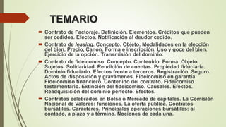 TEMARIO
 Contrato de Factoraje. Definición. Elementos. Créditos que pueden
ser cedidos. Efectos. Notificación al deudor cedido.
 Contrato de leasing. Concepto. Objeto. Modalidades en la elección
del bien. Precio, Canon. Forma e inscripción. Uso y goce del bien.
Ejercicio de la opción. Transmisión del dominio.
 Contrato de fideicomiso. Concepto. Contenido. Forma. Objeto.
Sujetos. Solidaridad. Rendición de cuentas. Propiedad fiduciaria.
Dominio fiduciario. Efectos frente a terceros. Registración. Seguro.
Actos de disposición y gravámenes. Fideicomiso en garantía.
Fideicomiso financiero. Contenido del contrato. Fideicomiso
testamentario. Extinción del fideicomiso. Causales. Efectos.
Readquisición del dominio perfecto. Efectos.
 Contratos celebrados en Bolsa o Mercado de capitales. La Comisión
Nacional de Valores: funciones. La oferta pública. Contratos
bursátiles. Caracteres. Principales operaciones bursátiles: al
contado, a plazo y a término. Nociones de cada una.
 