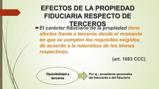 EFECTOS DE LA PROPIEDAD
FIDUCIARIA RESPECTO DE
TERCEROS
El carácter fiduciario de la propiedad tiene
efectos frente a terceros desde el momento
en que se cumplen los requisitos exigidos
de acuerdo a la naturaleza de los bienes
respectivos.
(art. 1683 CCC)
Oponibilidad a
terceros
Por ej.: acreedores personales
del fiduciante o del fiduciario
 