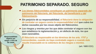 PATRIMONIO SEPARADO. SEGURO
 Los bienes fideicomitidos constituyen un patrimonio separado del
patrimonio del fiduciario, del fiduciante, del beneficiario y del
fideicomisario.
 Sin perjuicio de su responsabilidad, el fiduciario tiene la obligación
de contratar un seguro contra la responsabilidad civil que cubra los
daños causados por las cosas objeto del fideicomiso.
 Los riesgos y montos por los que debe contratar el seguro son los
que establezca la reglamentación y, en defecto de ésta, los que
sean razonables.
 El fiduciario es responsable en los términos de los arts. 1757 y
concordantes, cuando no haya contratado seguro o cuando éste
resulte irrazonable en la cobertura de los riesgos o montos.
(art. 1685 CCC)
Responsabilidad
objetiva por
riesgo o vicio de
las cosas
 