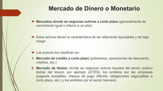 Mercado de Dinero o Monetario
 Mercados donde se negocian activos a corto plazo (generalmente de
vencimiento igual o inferior a un año)
 Estos activos tienen la característica de ser altamente liquidables y de bajo
riesgo
 Los autores los clasifican en:
1. Mercado de crédito a corto plazo (préstamos, operaciones de descuento,
créditos, etc.)
2. Mercado de títulos: donde se negocian activos líquidos del sector público
(letras del tesoro, por ejemplo LETES); los emitidos por las empresas
(pagarés bursátiles, cheque de pago diferido, obligaciones negociables a
corto plazo, etc.) y los emitidos por el sector bancario
 