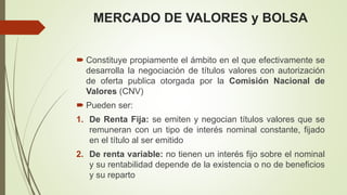 MERCADO DE VALORES y BOLSA
 Constituye propiamente el ámbito en el que efectivamente se
desarrolla la negociación de títulos valores con autorización
de oferta publica otorgada por la Comisión Nacional de
Valores (CNV)
 Pueden ser:
1. De Renta Fija: se emiten y negocian títulos valores que se
remuneran con un tipo de interés nominal constante, fijado
en el título al ser emitido
2. De renta variable: no tienen un interés fijo sobre el nominal
y su rentabilidad depende de la existencia o no de beneficios
y su reparto
 