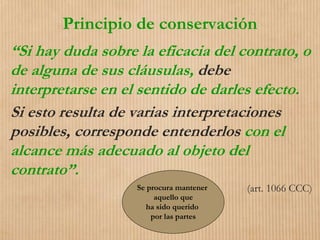 Principio de conservación
“Si hay duda sobre la eficacia del contrato, o
de alguna de sus cláusulas, debe
interpretarse en el sentido de darles efecto.
Si esto resulta de varias interpretaciones
posibles, corresponde entenderlos con el
alcance más adecuado al objeto del
contrato”.
(art. 1066 CCC)Se procura mantener
aquello que
ha sido querido
por las partes
 